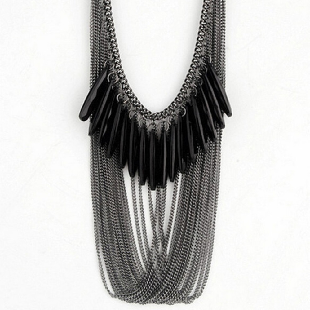 Multi-layer black gunmetal and facet drop necklace